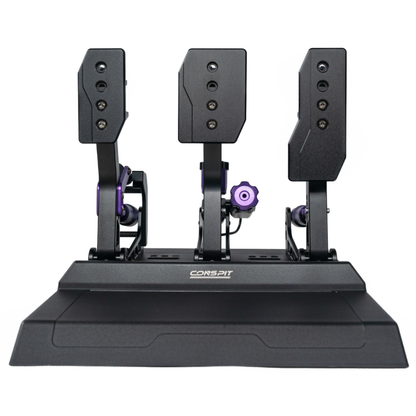 Black gaming simulator pedals with a platform on a white background