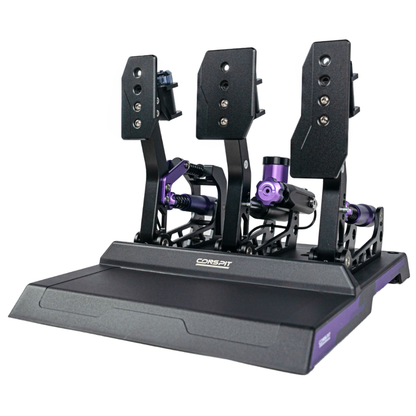 Simulator steering wheel and pedals set on a white background