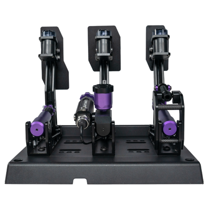 Three mechanical arms with purple components on a black base against a white background