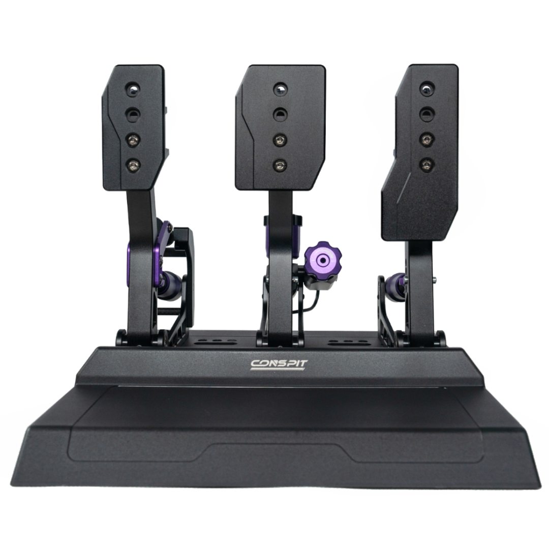 Black gaming pedal set with purple accents on a white background