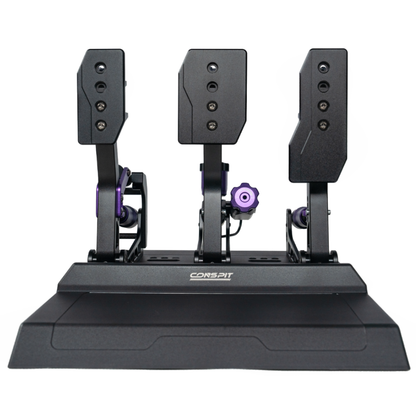 Black gaming pedal set with purple accents on a white background