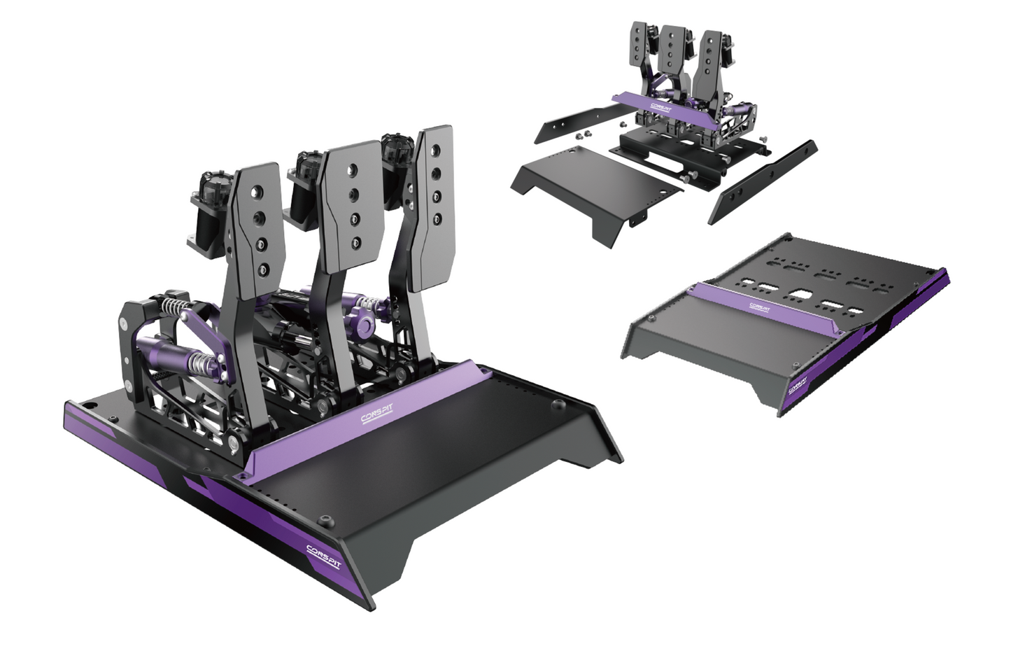 Mechanical gaming pedal set with purple accents on a white background