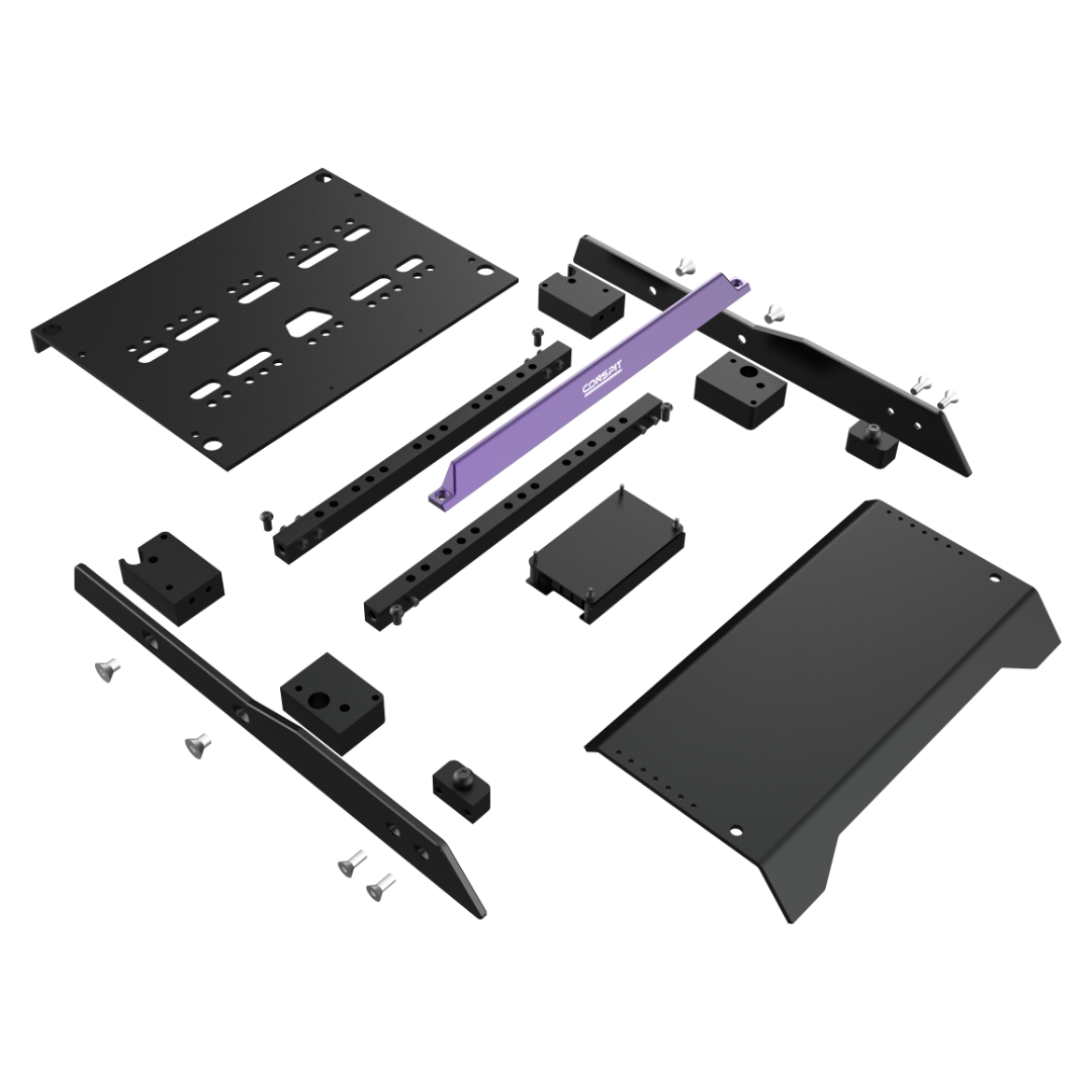 Set of black metal brackets and components on a white background