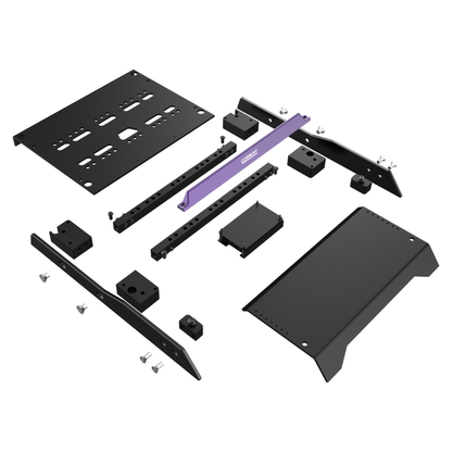 Set of black metal brackets and components on a white background