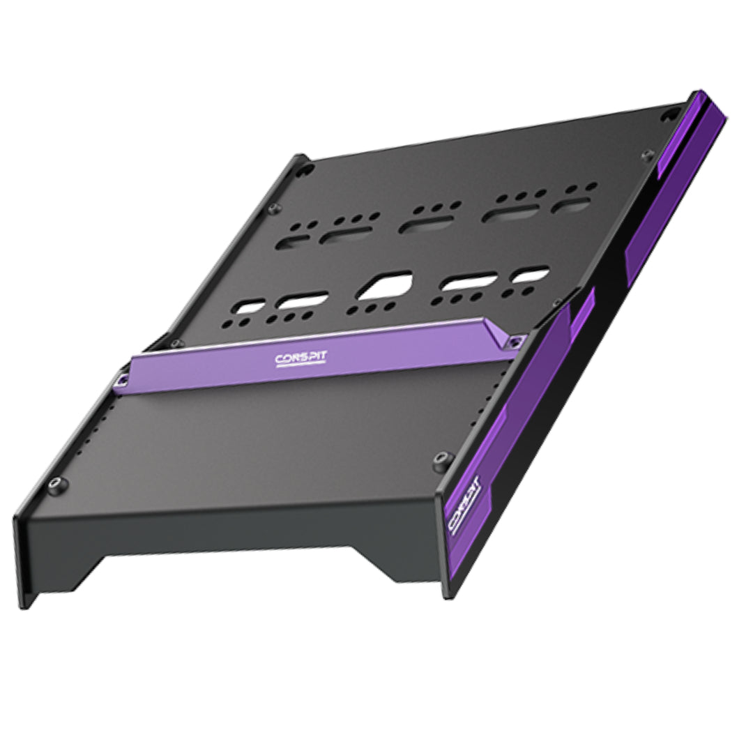 Black metal bracket with purple accents on a white background