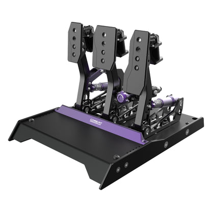 Black and purple gaming simulator pedals on a white background