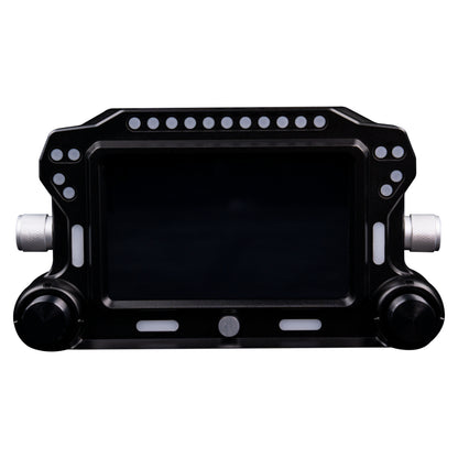 Black metal bracket with screws on a white background