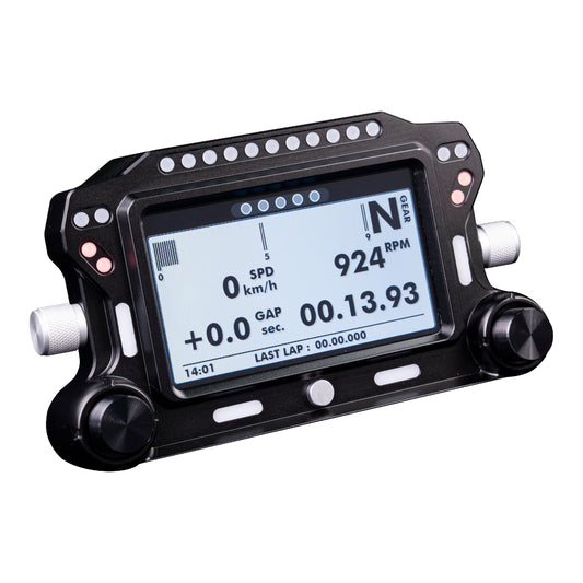 Digital display with racing telemetry on a white background