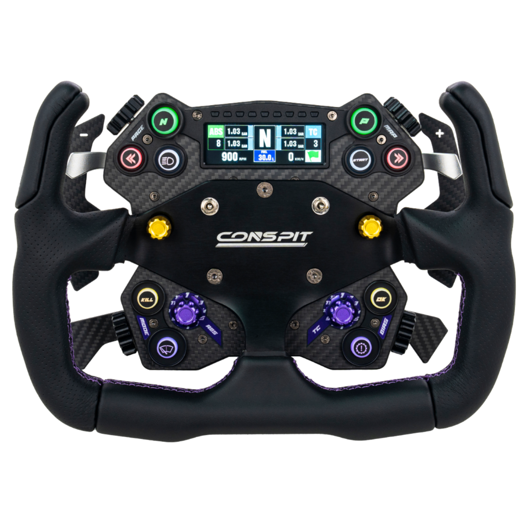 Black racing steering wheel with digital display and control buttons on a white background