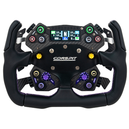 Black racing steering wheel with digital display and control buttons on a white background