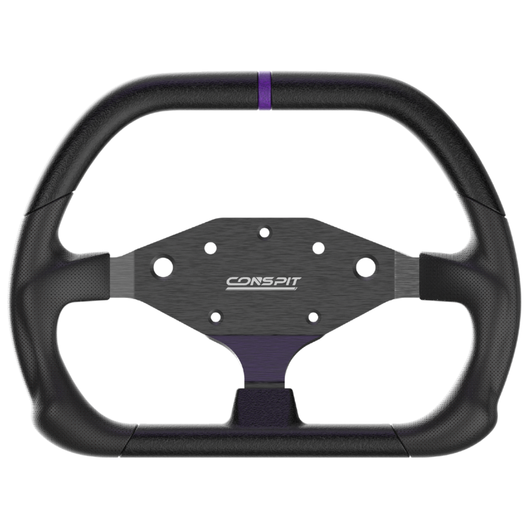 Black steering wheel with purple accents and 'CONSPIT' branding on a white background