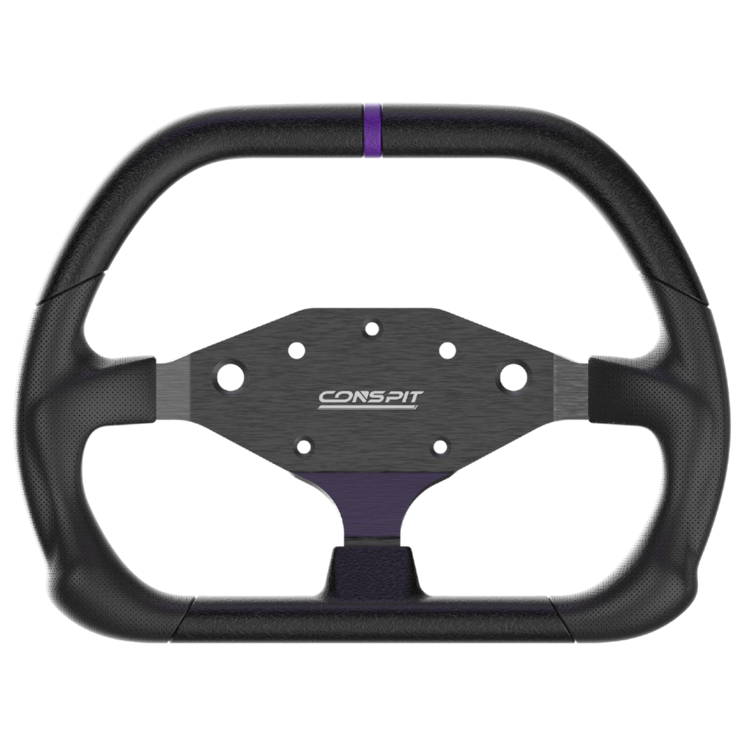 Black steering wheel with purple accents and 'CONSPIT' branding on a white background