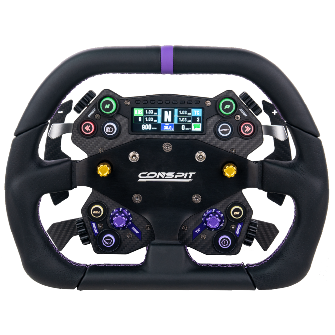 Black steering wheel with digital display and buttons on a white background