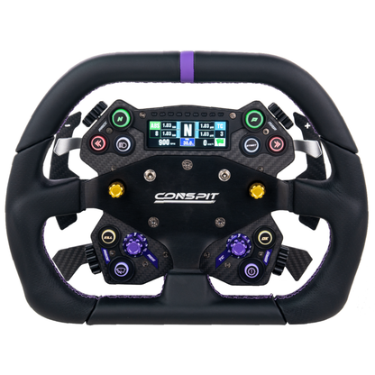 Black steering wheel with digital display and buttons on a white background