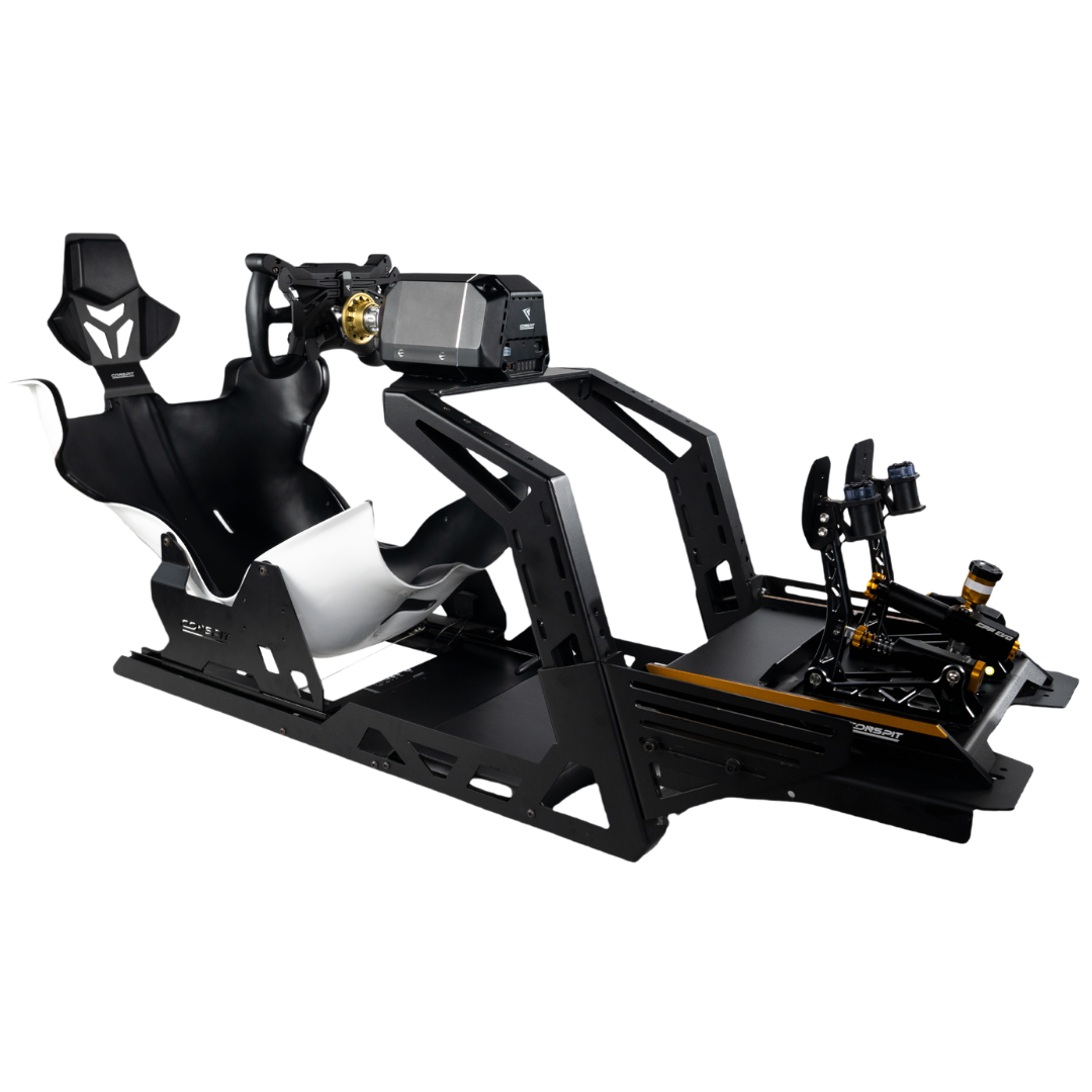 A high-end racing simulator seat and steering wheel setup on a black metal frame, featuring a white and black bucket seat, a black steering wheel with gold accents, a head-mounted display, and a footwell with brake and accelerator pedals, shown on a solid white background.