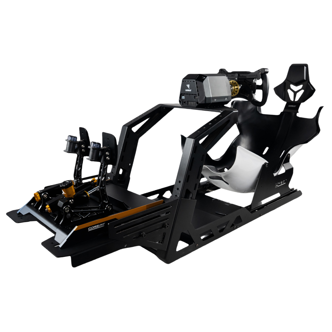 A high-end racing simulator seat and base package, featuring a black racing shell seat with white side bolsters, a black steering wheel, a headrest, and a full-length black metal base frame with gold and silver accents.