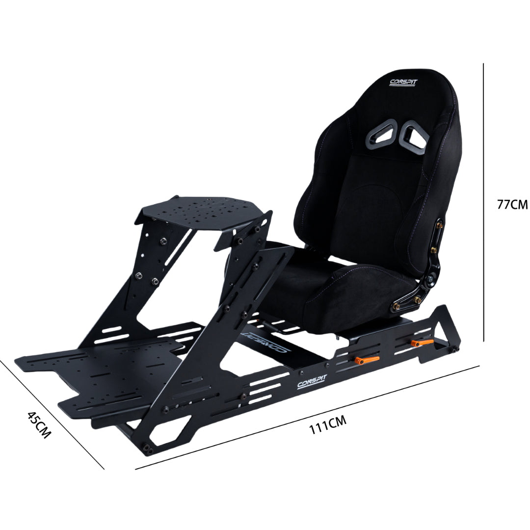 Black racing seat with adjustable base on a white background, featuring dimensions.