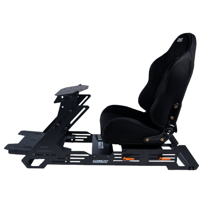 Black racing simulator seat and base on a white background