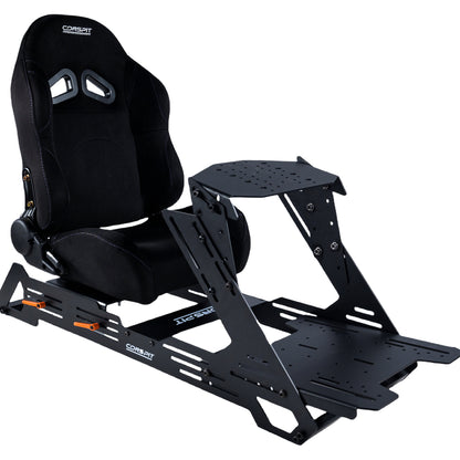 Black racing seat with adjustable stand on a white background