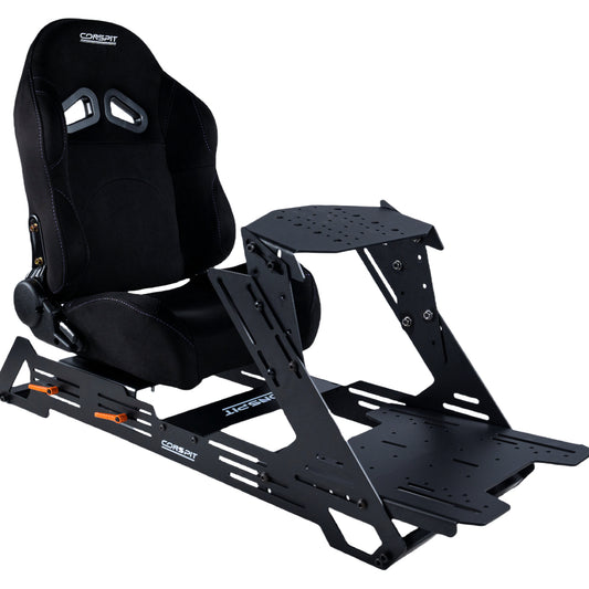 Black racing seat with adjustable stand on a white background