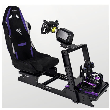 Black and purple racing simulator seat with steering wheel and display on a white background