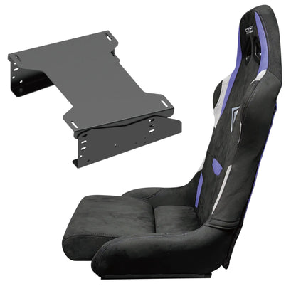 Black racing seat with a metal bracket on a white background