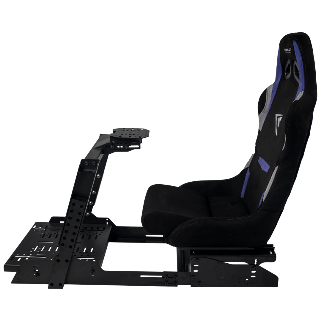 Black gaming chair with steering wheel base on a white background