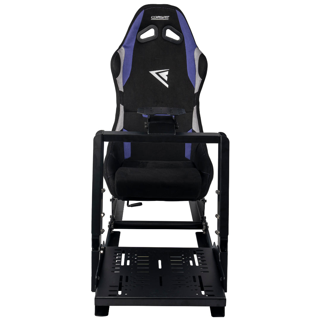 Black and blue gaming chair with adjustable base on a white background