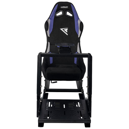 Black and blue gaming chair with adjustable base on a white background