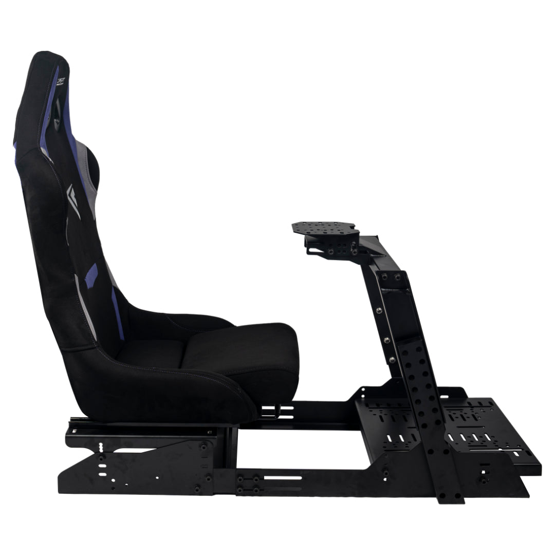 Black racing simulator seat with base on a white background