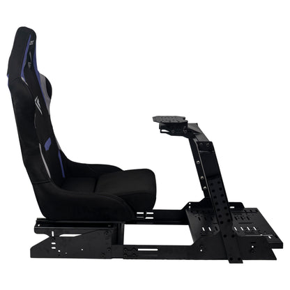 Black racing simulator seat with base on a white background