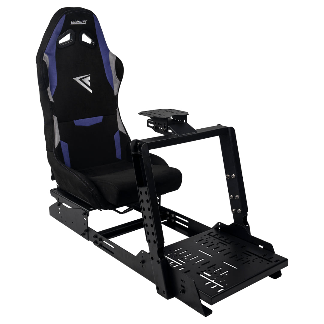 Black and blue gaming chair with a platform on a white background
