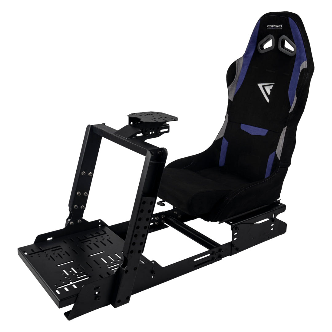 Black and blue racing simulator seat with base on a white background