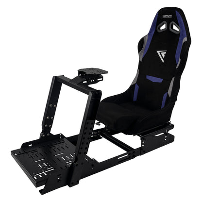 Black and blue racing simulator seat with base on a white background