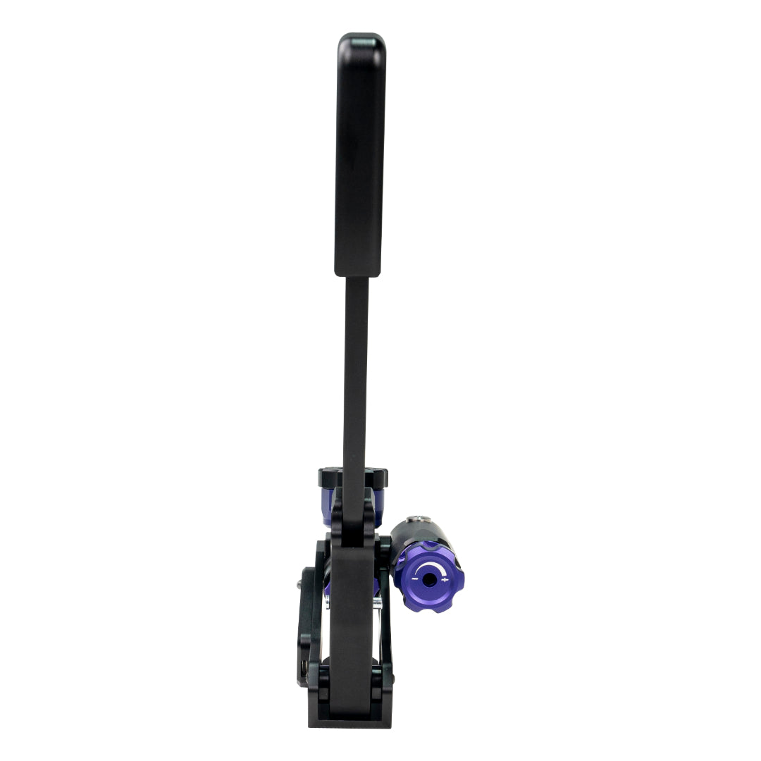 Black and purple mechanical device on a white background
