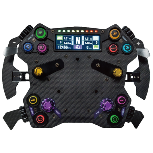 Carbon fiber steering wheel with digital display and control buttons on a white background