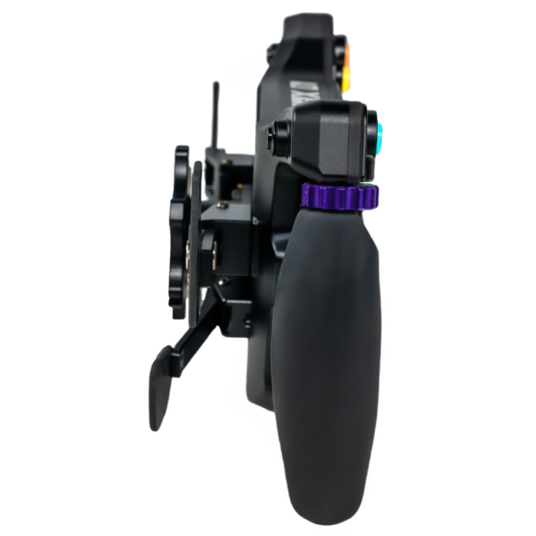 Black archery bow with purple nocking point on a white background