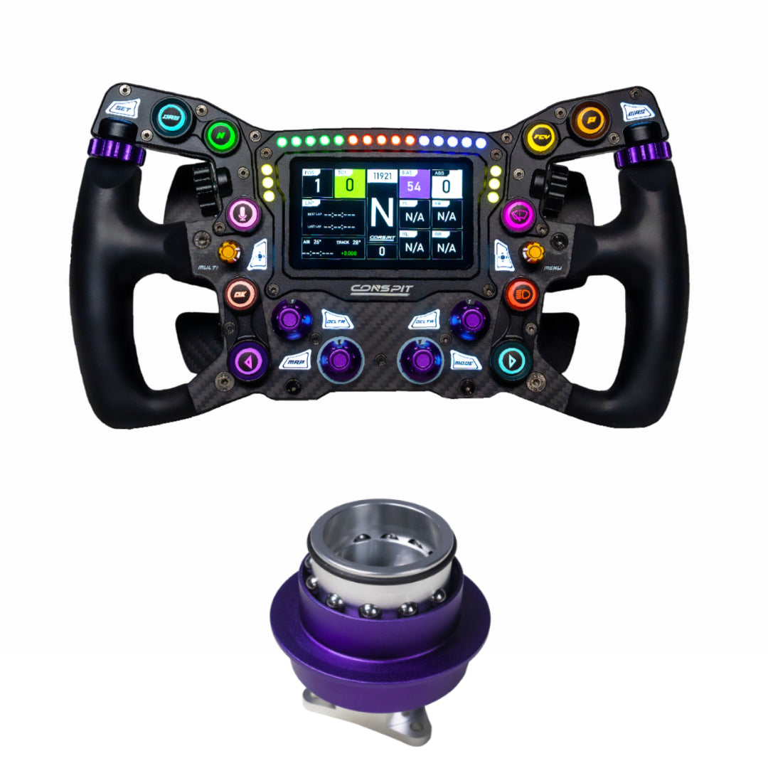 Racing simulator steering wheel with colorful buttons and a smaller wheel on a white background