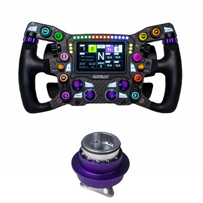 Racing simulator steering wheel with colorful buttons and a smaller wheel on a white background