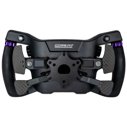 Black steering wheel with carbon fiber texture and 'Conspit' branding on a white background