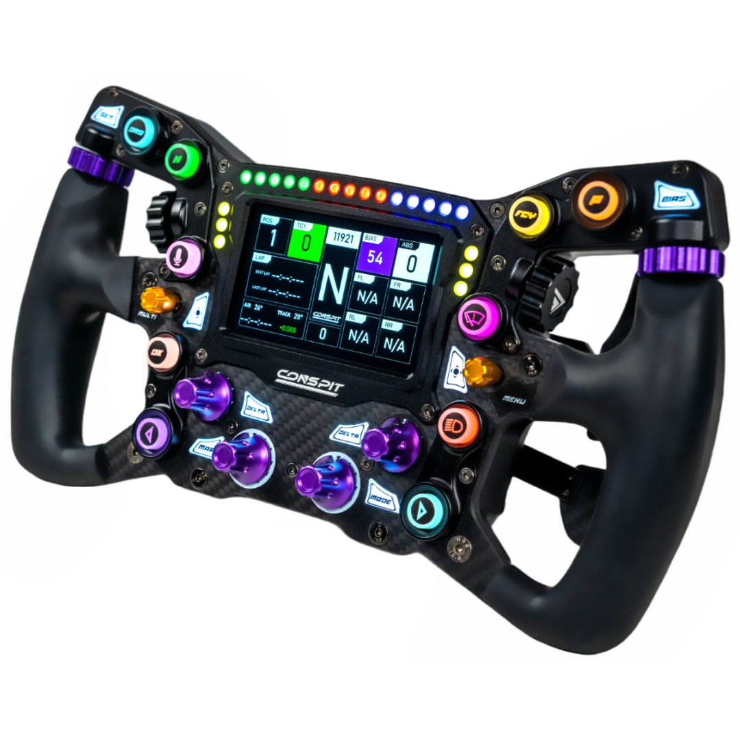 F1-style racing steering wheel with digital display and colorful buttons on a white background