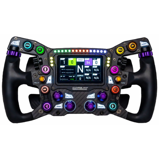 F1-style racing steering wheel with digital display and colorful buttons on a white background