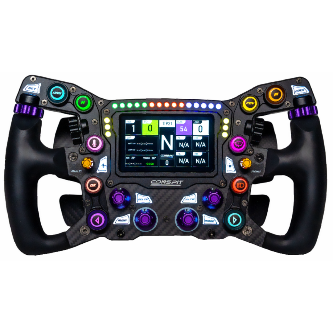 F1-style racing steering wheel with digital display and colorful buttons on a white background