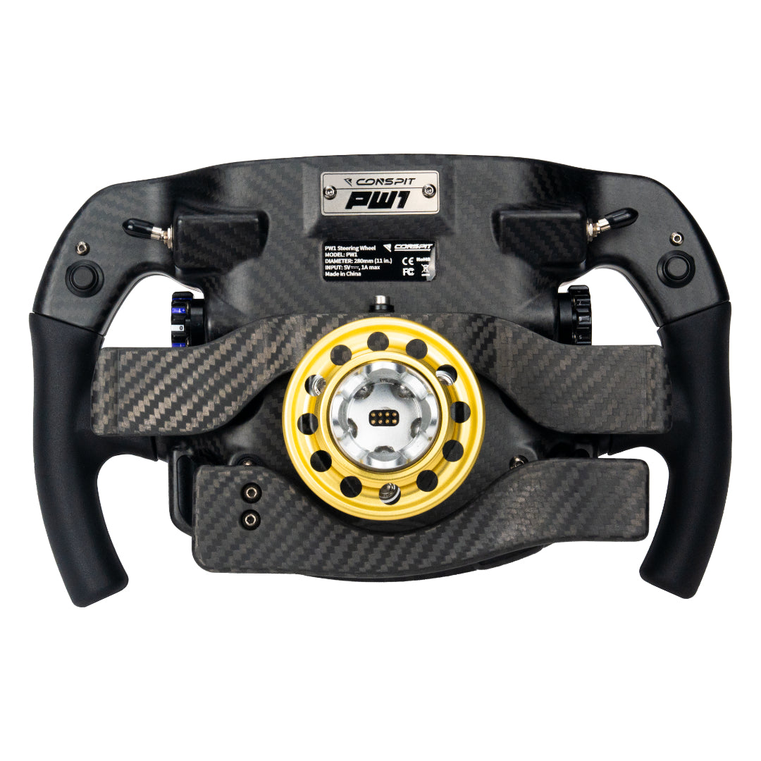 Carbon fiber steering wheel with yellow center and visible branding on a white background
