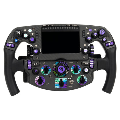 Racing steering wheel with various buttons and displays on a white background