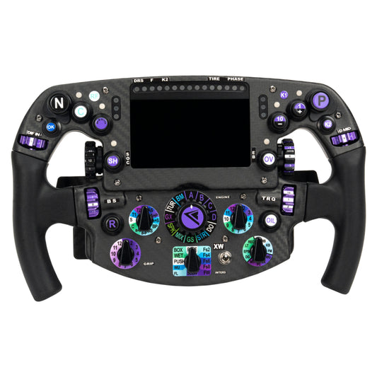 Racing steering wheel with various buttons and displays on a white background