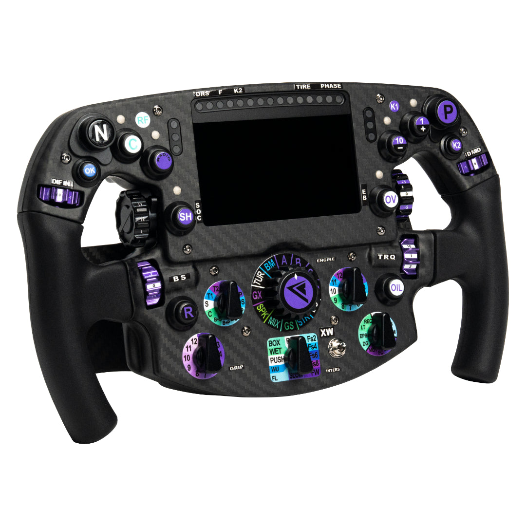 Black racing steering wheel with various buttons and displays on a white background