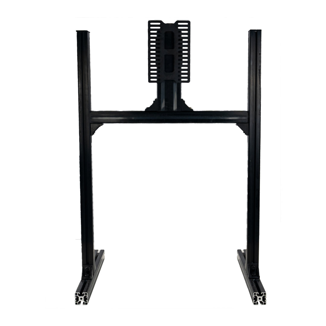 Black metal TV stand on a white background