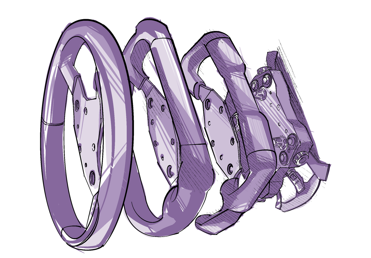 Concept sketches of Conspit sim racing steering wheel designs and motorsport-inspired hardware development