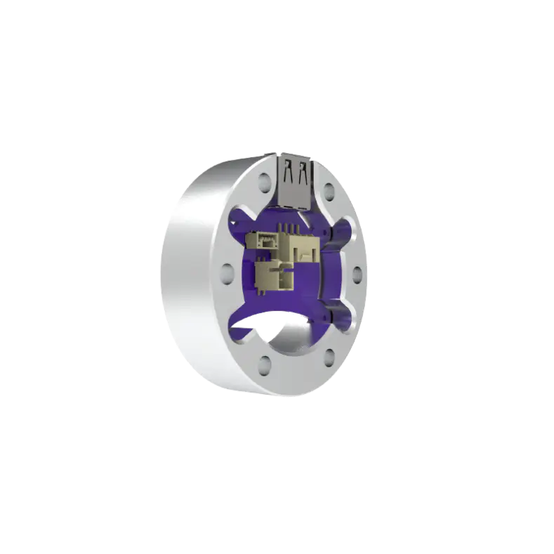 Mechanical component with purple and gold elements on a white background